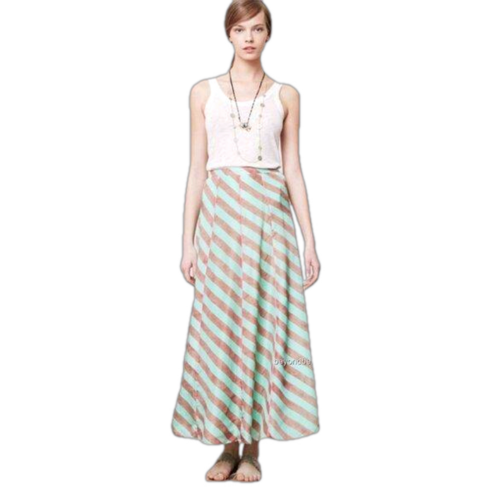 Anthropologie Anupamaa Brown and Mint Green Silk Maxi Skirt